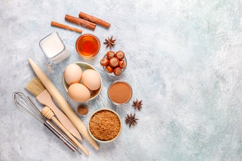 Preview: Traditional autumn baking ingredients: apples,cinnamon,nuts.