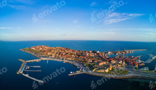 Preview: Panorama city of Nessebar with houses and parks washed by the Black Sea in Bulgaria
