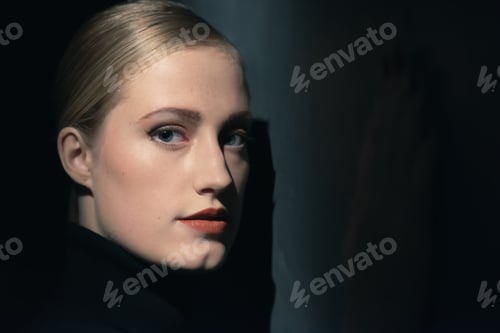 Preview: Vintage 1940S Woman In Black Turtleneck Sweater Leaning Against Wall.
