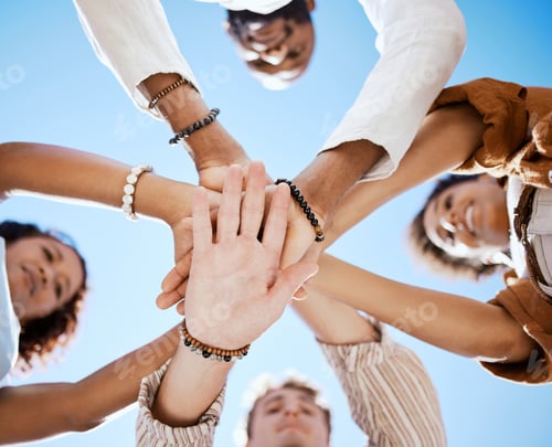 Preview: Friends, trust and support hands low angle for solidarity in multicultural group with blue sky. Car
