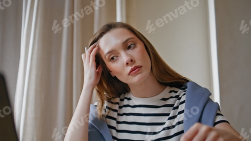 Preview: Thoughtful writer pondering idea at home desk closeup. Serious woman student