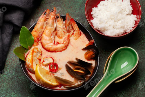Preview: Traditional Thai soup Tom Yum and rice bowl