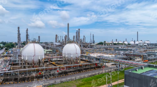Preview: Gas separation plant at industrial estate under blue sky, Industrial gas separation plant