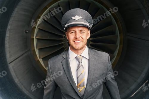 Preview: Cheerful young Caucasian aviator in a cap gazing ahead