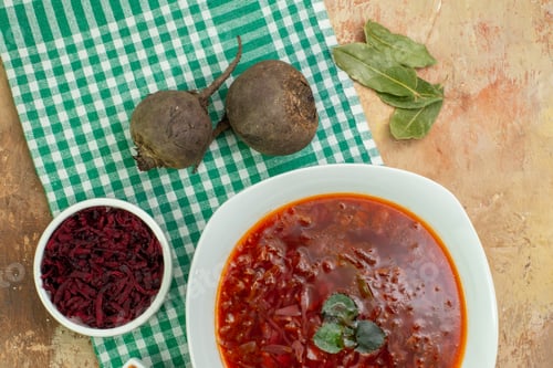 Preview: top view tasty borsch red ukrainian beet soup on light-brown background sauce photo oil calorie