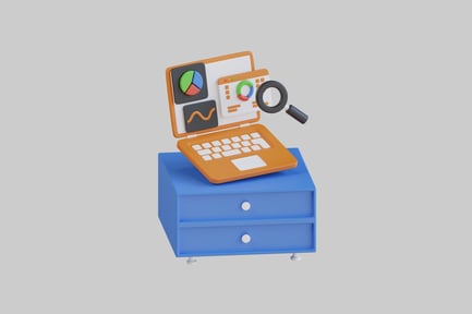 Preview: Cartoon business analysis laptop on cabinet