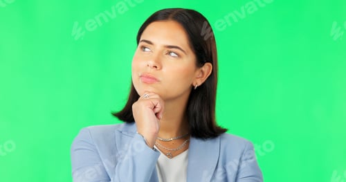 Preview: Business, woman and thinking on green screen of ideas, questions and remember in studio. Female mod