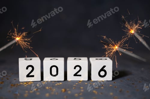 Visualização: Números de ano novo de 2026 com estrelinhas e confetes