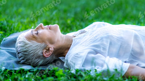 Preview: Mindful woman lying by the water, meditating