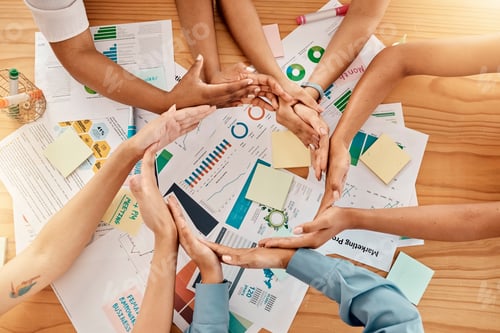 Preview: Top view, business people or circle hands in security, safety or trust with infographic documents,