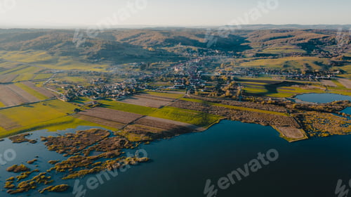 Preview: Aerial view over a village at the foot of the mountain and lake in scenery