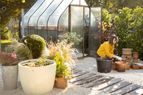 Preview: Woman planting flowers in jugs at garden