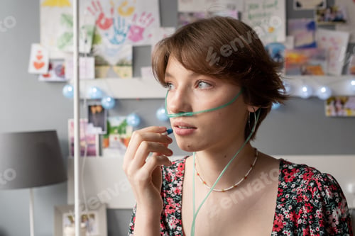 Preview: Sick woman taking medicine at hospital