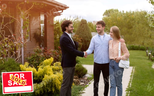 Preview: Millennial couple shaking hands with real estate agent near their new house outdoors, copy space