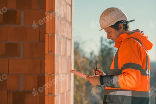 Preview: Construction engineer making notes and remarks during building site inspection