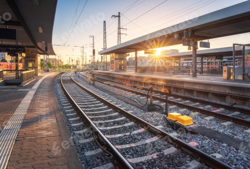 Preview: Railway station at sunset. Industrial landscape with railroad