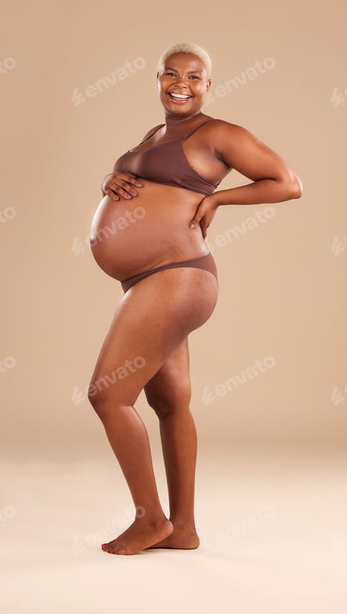 Preview: Pregnant, portrait and black woman isolated on studio background for beauty, skincare and happy abd