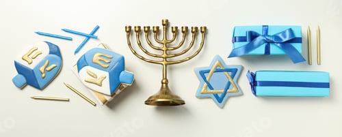 Preview: Gingerbread cookies, gift boxes and hanukkiah on white background, top view