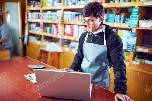 Preview: Salesperson working at the counter in hardware store using laptop