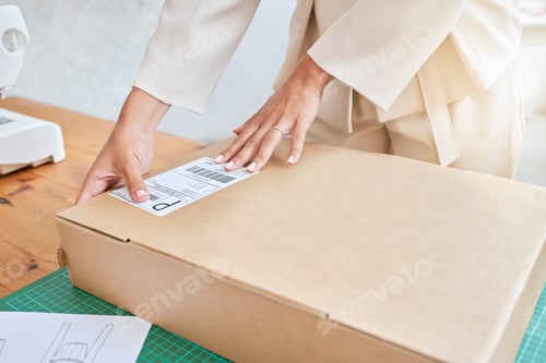 Preview: Hands, logistics and box for shipping, delivery or package in ecommerce, purchase or inventory at w