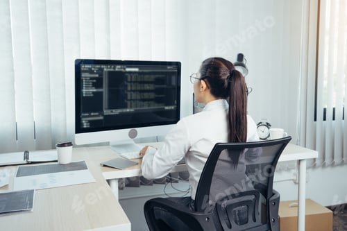 Preview: Asian woman professional development programming website working a software in office room.
