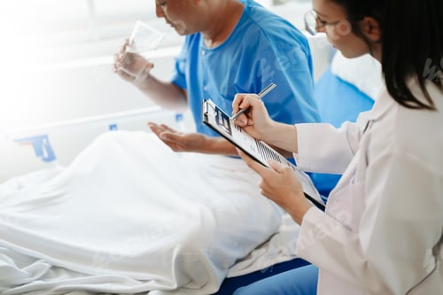 Preview: Doctor discussing treatment with male patient talking and laughing sitting on examination bed