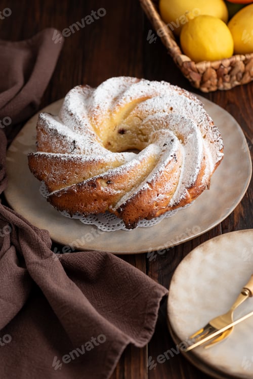 Preview: Lemon bundt cake powdered sugar on wooden table