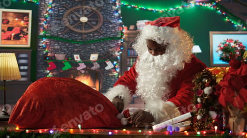 Preview: Santa Claus filling his red sack with all the festive gifts and presents