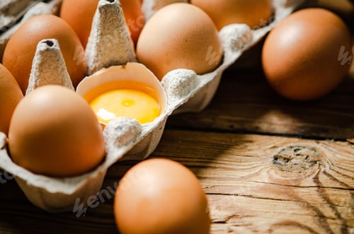 Preview: Chicken eggs on wooden table.