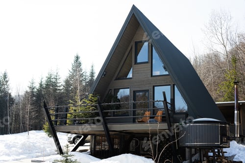 Preview: Wooden triangle country tiny cabin house with hot tub spa and suv car in mountains. Soul weekends.