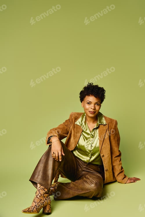 Preview: Stylish African American woman showcasing trendy fashion against a vibrant green backdrop