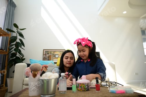 Preview: child girl person are make-up by beauty cosmetic, happy childhood lifestyle at home