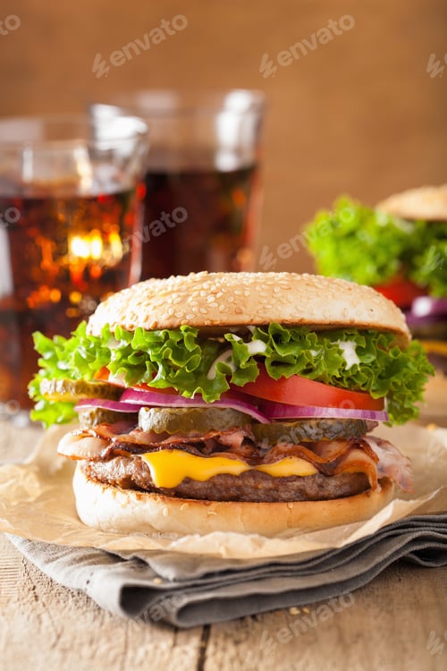 Preview: bacon cheese burger with pickles tomato onion