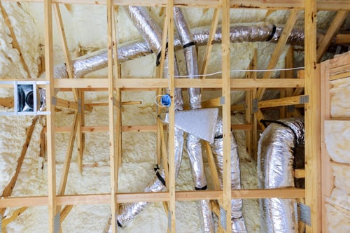 Preview: Thermal foam plastic insulation new home attic installation of HVAC tubing vents heating system on