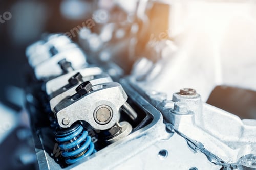 Preview: Closeup car racing motorsport v8 engine valve parts springs garage workshop workbench repair factory