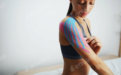 Preview: Young Woman with Kinesiology Tape on Shoulder