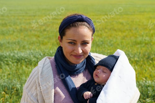 Preview: Happy woman holding his newborn baby in the field. Family Concept