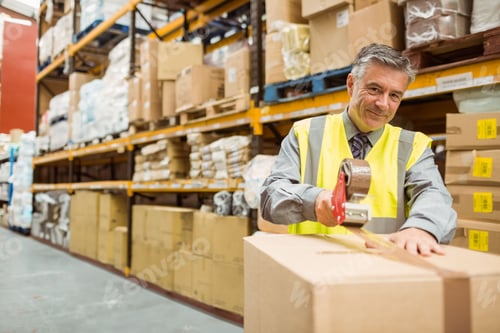 Preview: Mature adult man sealing large cardboard box in warehouse aisle with tape dispenser, copy space