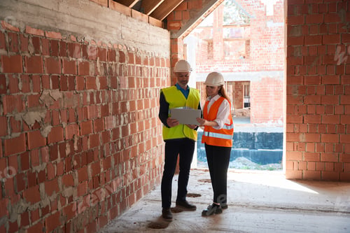 Preview: Electrician and designer considering building project on laptop