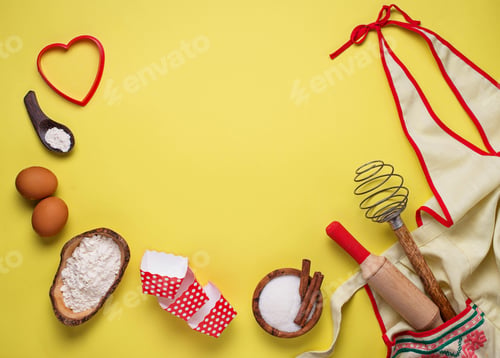 Preview: Ingredients for baking on yellow background