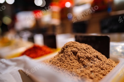 Preview: Colorful spices at a market for sale, close up