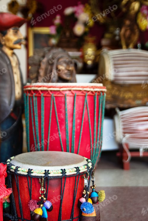 Preview: African drums or djembe inside a music shop. Chiang Mai, Thailand.