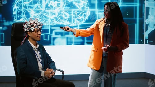 Preview: Neuroscientist doing demonstration at AI convention using EEG headset
