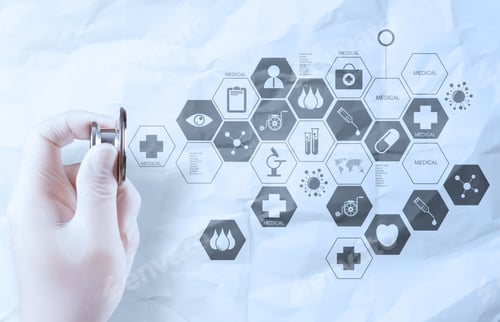 Preview: Hand Hold Stethoscope Showing Medical Concept On Crumpled Paper Background