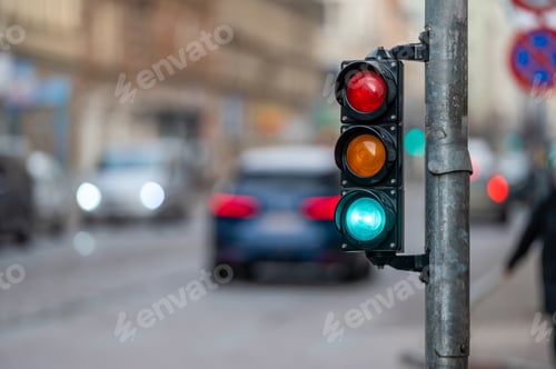 Preview: view of city traffic with traffic lights, in the foreground a semaphore with a green light, closeup