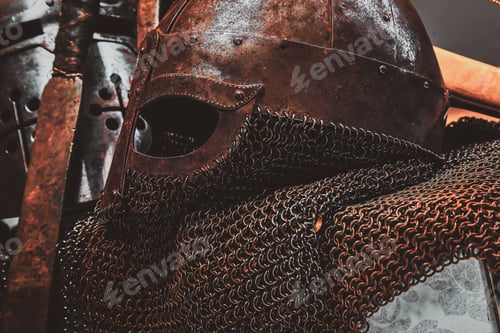 Preview: Photo of ancient helmet with chain mail.