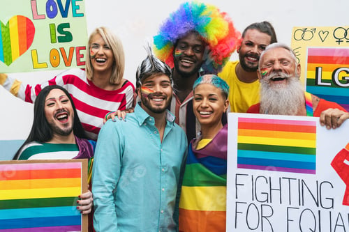 Preview: Happy Multiracial people celebrating at gay pride event