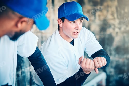 Preview: Game plan, baseball player and man explaining pitch and softball hit in a sports dugout. Conversati