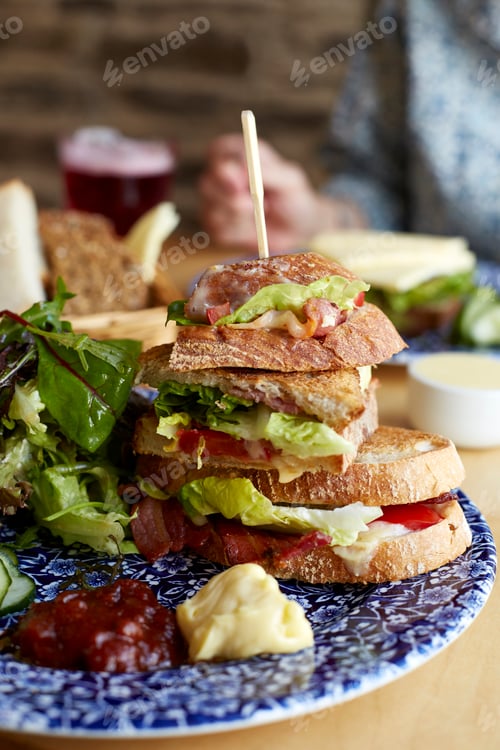 Preview: Sandwich on plate with salad, close-up