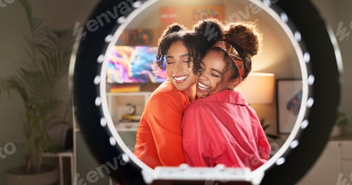Preview: Happy women, influencer and hug with ring light for video recording, vlogging or content creation a